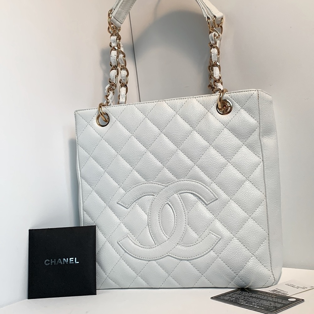 🤍 CHANEL Shopper Tote RARE”9”Quilted White Caviar PST Petite Shopping Bag Gold